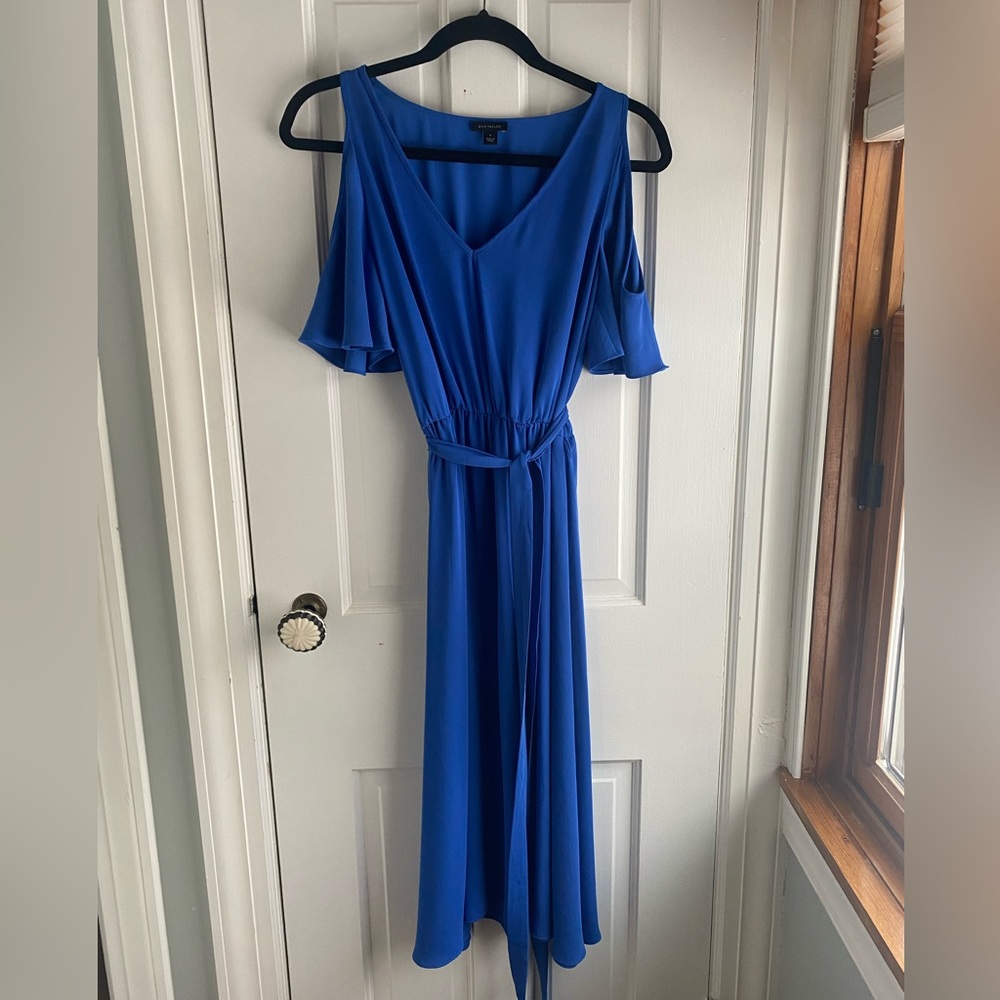 Ann Taylor blue midi-length dress with cold-shoulder design